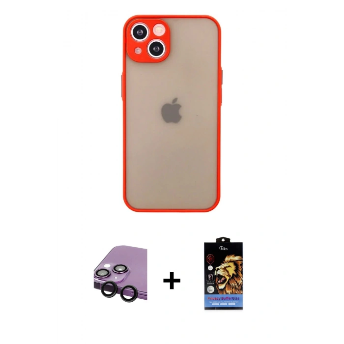 MARSİLYAN™- iPhone 14 Kılıf Ahenk Çizgi Serisi - Siyah Buffer Hayalet Cam Ekran Koruyucu + Raze Metal Kamera Lens - SH
