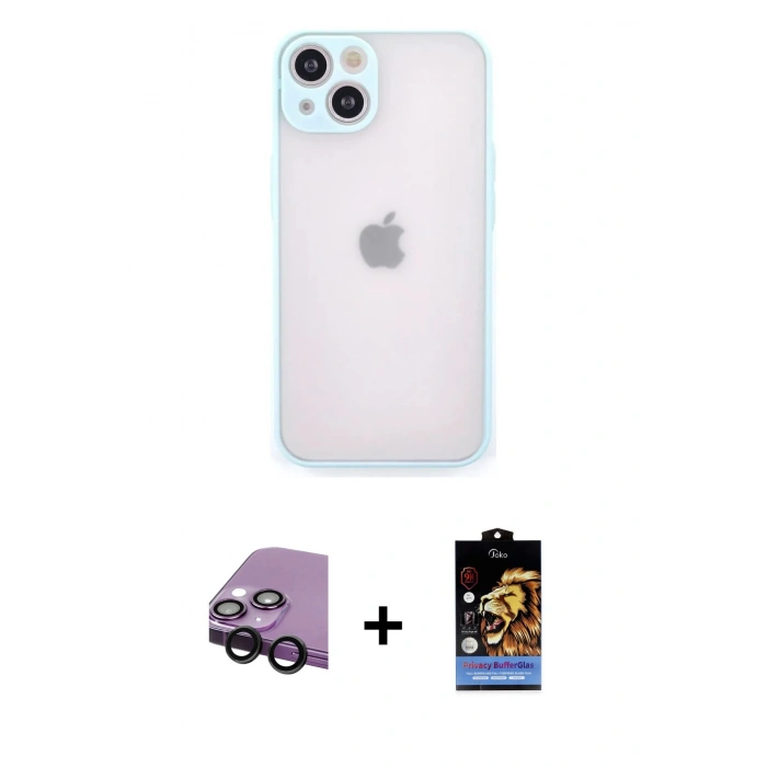MARSİLYAN™- iPhone 14 Kılıf Ahenk Çizgi Serisi - Siyah Buffer Hayalet Cam Ekran Koruyucu + Raze Metal Kamera Lens - SH