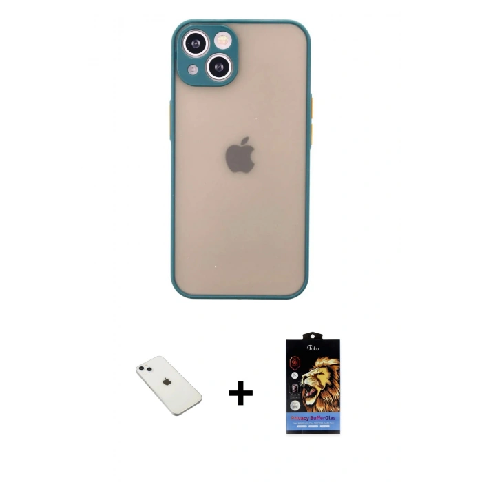 MARSİLYAN™- iPhone 14 Kılıf Ahenk Çizgi Serisi - Siyah Buffer Hayalet Cam Ekran Koruyucu + Sierra Blue Diamond Kamera Lens