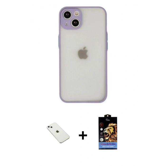 MARSİLYAN™- iPhone 14 Kılıf Ahenk Çizgi Serisi - Siyah Buffer Hayalet Cam Ekran Koruyucu + Sierra Blue Diamond Kamera Lens