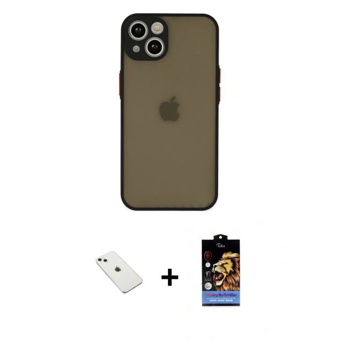 MARSİLYAN™- iPhone 14 Kılıf Ahenk Çizgi Serisi - Siyah Buffer Hayalet Cam Ekran Koruyucu + Sierra Blue Diamond Kamera Lens