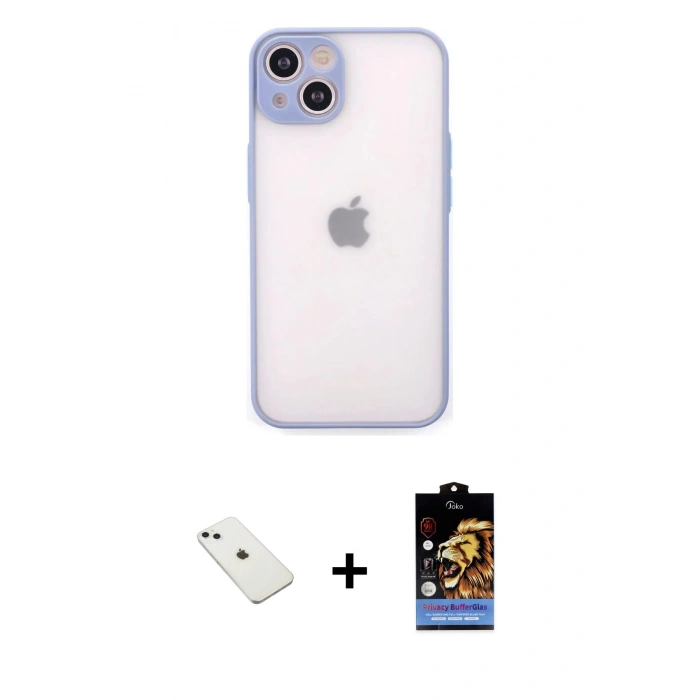 MARSİLYAN™- iPhone 14 Kılıf Ahenk Çizgi Serisi - Siyah Buffer Hayalet Cam Ekran Koruyucu + Sierra Blue Diamond Kamera Lens