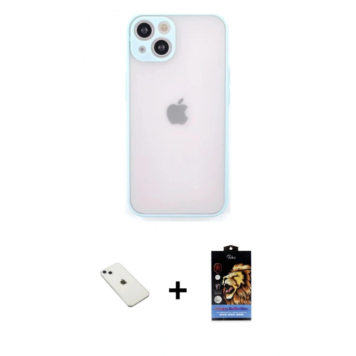 MARSİLYAN™- iPhone 14 Kılıf Ahenk Çizgi Serisi - Siyah Buffer Hayalet Cam Ekran Koruyucu + Sierra Blue Diamond Kamera Lens