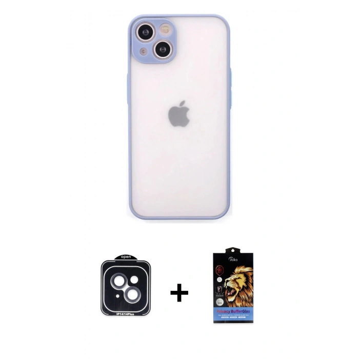 MARSİLYAN™- iPhone 14 Kılıf Ahenk Çizgi Serisi - Siyah Buffer Hayalet Cam Ekran Koruyucu + Siyah PVD Metal Kamera Lens