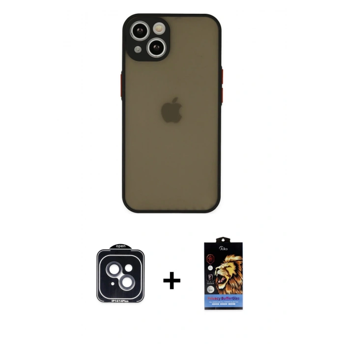 MARSİLYAN™- iPhone 14 Kılıf Ahenk Çizgi Serisi - Siyah Buffer Hayalet Cam Ekran Koruyucu + Siyah PVD Metal Kamera Lens