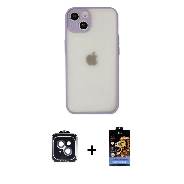 MARSİLYAN™- iPhone 14 Kılıf Ahenk Çizgi Serisi - Siyah Buffer Hayalet Cam Ekran Koruyucu + Siyah PVD Metal Kamera Lens