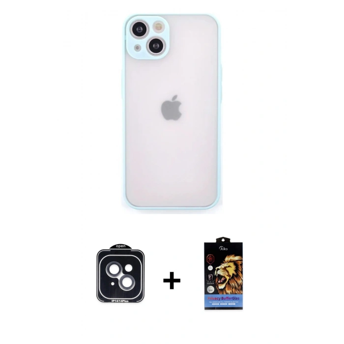MARSİLYAN™- iPhone 14 Kılıf Ahenk Çizgi Serisi - Siyah Buffer Hayalet Cam Ekran Koruyucu + Siyah PVD Metal Kamera Lens