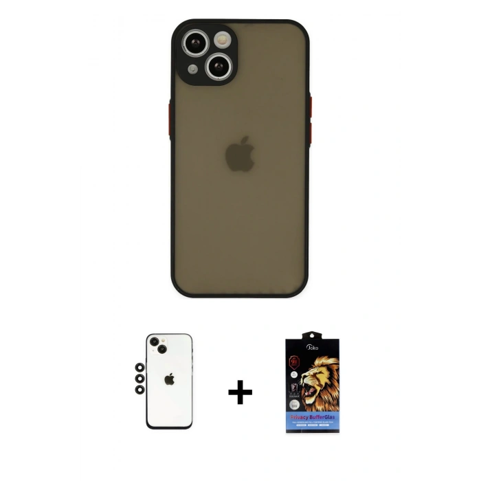 MARSİLYAN™- iPhone 14 Kılıf Ahenk Çizgi Serisi - Siyah Buffer Hayalet Cam Ekran Koruyucu + Shine Kamera Lens - SH