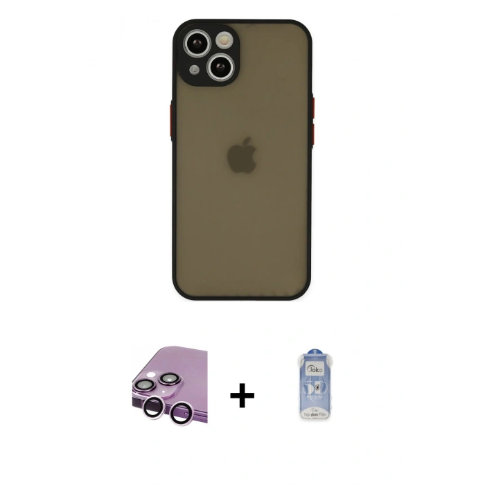 MARSİLYAN™- iPhone 14 Kılıf Ahenk Çizgi Serisi - Siyah Joko Magic 5D Cam + Mor Raze Metal Kamera Lens