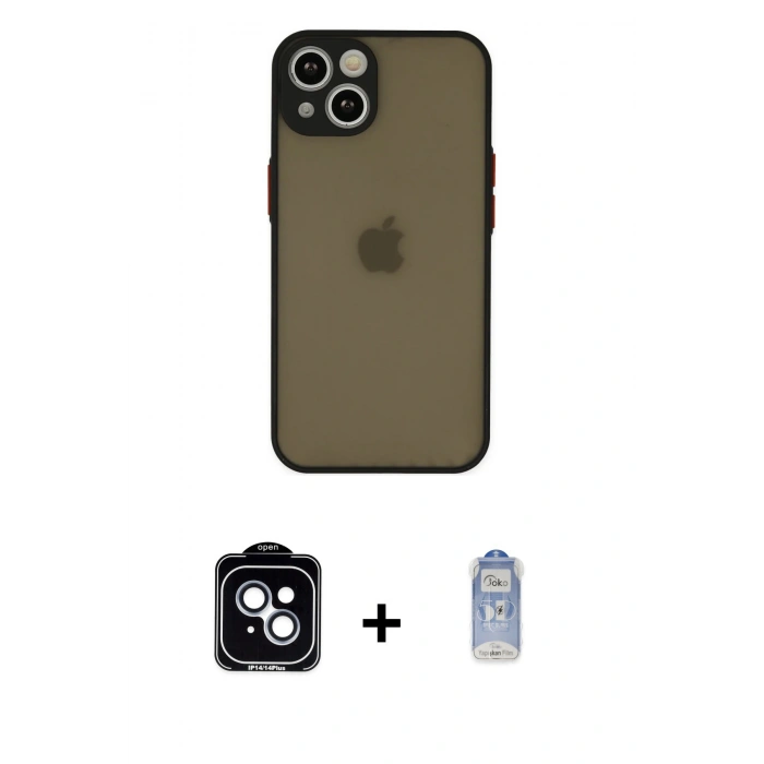 MARSİLYAN™- iPhone 14 Kılıf Ahenk Çizgi Serisi - Siyah Joko Magic 5D Cam + PVD Metal Kamera Lens - MI