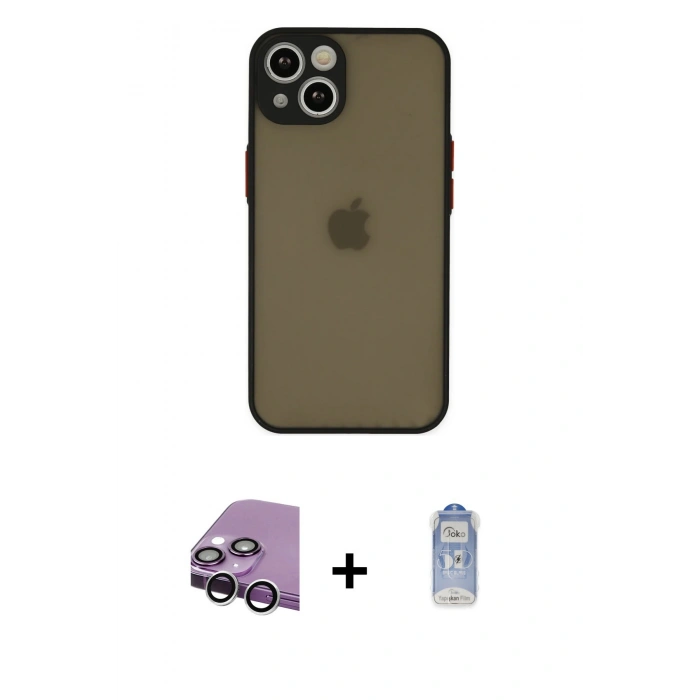 MARSİLYAN™- iPhone 14 Kılıf Ahenk Çizgi Serisi - Siyah Joko Magic 5D Cam + Raze Metal Kamera Lens - GS