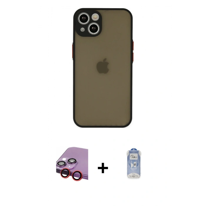 MARSİLYAN™- iPhone 14 Kılıf Ahenk Çizgi Serisi - Siyah Joko Magic 5D Cam + Raze Metal Kamera Lens - KI