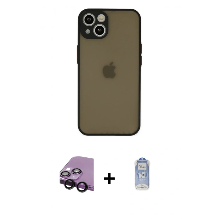 MARSİLYAN™- iPhone 14 Kılıf Ahenk Çizgi Serisi - Siyah Joko Magic 5D Cam + Raze Metal Kamera Lens - SH