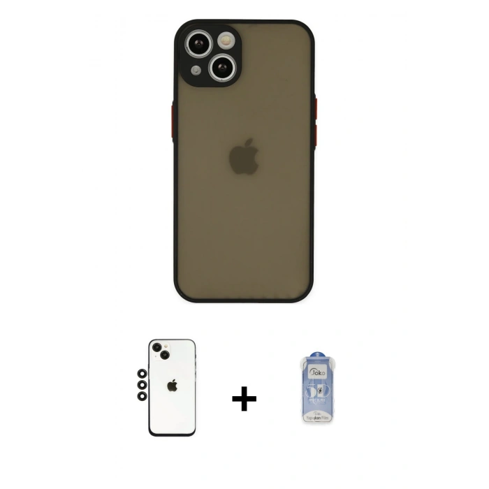 MARSİLYAN™- iPhone 14 Kılıf Ahenk Çizgi Serisi - Siyah Joko Magic 5D Cam + Shine Kamera Lens - SH