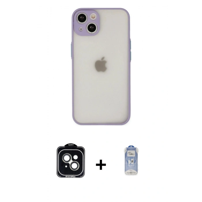 MARSİLYAN™- iPhone 14 Kılıf Ahenk Çizgi Serisi - Siyah Joko Magic 5D Cam + PVD Metal Kamera Lens - YL