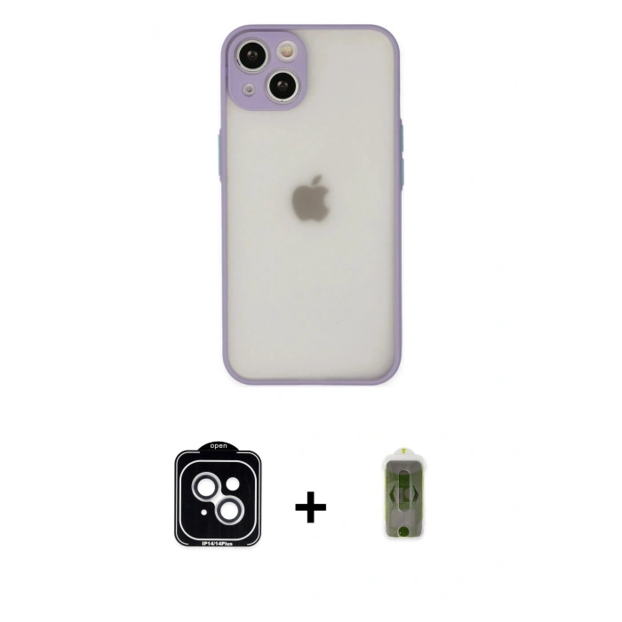 MARSİLYAN™- iPhone 14 Kılıf Ahenk Çizgi Serisi - Siyah Joko Magic 5D Hayalet Cam + PVD Metal Kamera Lens - GS