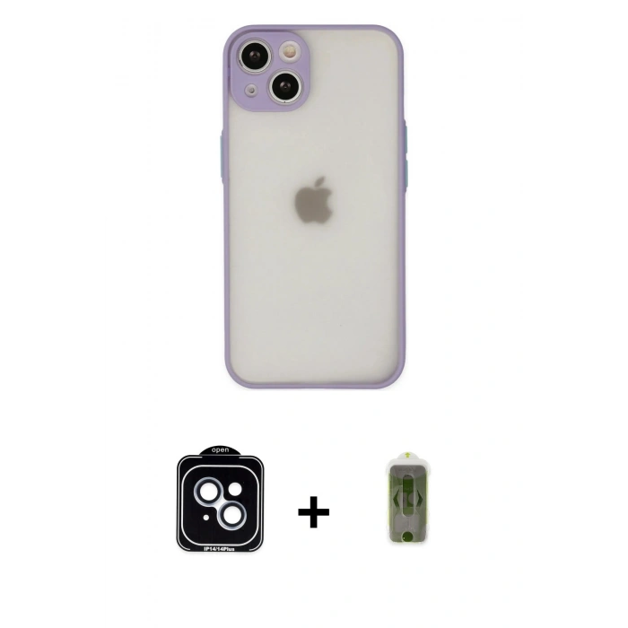 MARSİLYAN™- iPhone 14 Kılıf Ahenk Çizgi Serisi - Siyah Joko Magic 5D Hayalet Cam + PVD Metal Kamera Lens - MI
