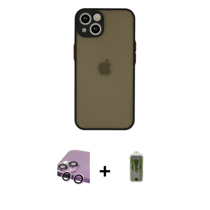 MARSİLYAN™- iPhone 14 Kılıf Ahenk Çizgi Serisi - Siyah Joko Magic 5D Hayalet Cam + Raze Metal Kamera Lens - MR