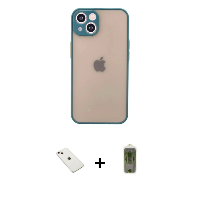 MARSİLYAN™- iPhone 14 Kılıf Ahenk Çizgi Serisi - Siyah Joko Magic 5D Hayalet Cam + Pembe Diamond Kamera Lens