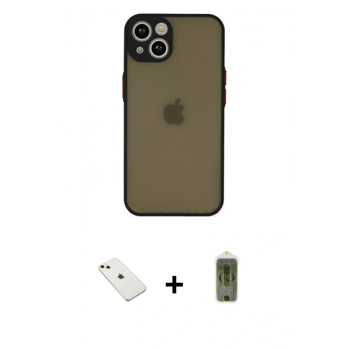 MARSİLYAN™- iPhone 14 Kılıf Ahenk Çizgi Serisi - Siyah Joko Magic 5D Hayalet Cam + Pembe Diamond Kamera Lens