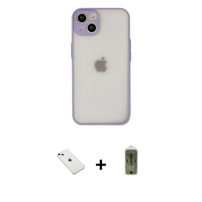 MARSİLYAN™- iPhone 14 Kılıf Ahenk Çizgi Serisi - Siyah Joko Magic 5D Hayalet Cam + Pembe Diamond Kamera Lens
