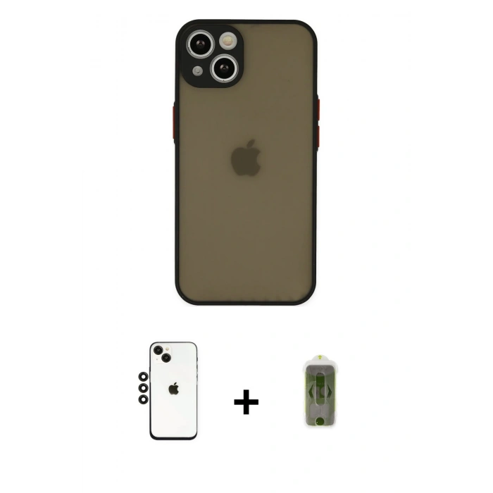 MARSİLYAN™- iPhone 14 Kılıf Ahenk Çizgi Serisi - Siyah Joko Magic 5D Hayalet Cam + Shine Kamera Lens - SH