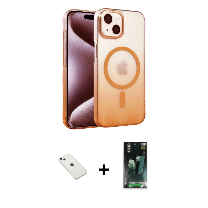 MARSİLYAN™- iPhone 14 Kılıf Ahenk Doku Özel Seri - Şeffaf 360 Full Body Arka Koruyucu + Diamond Kamera Lens - SABE
