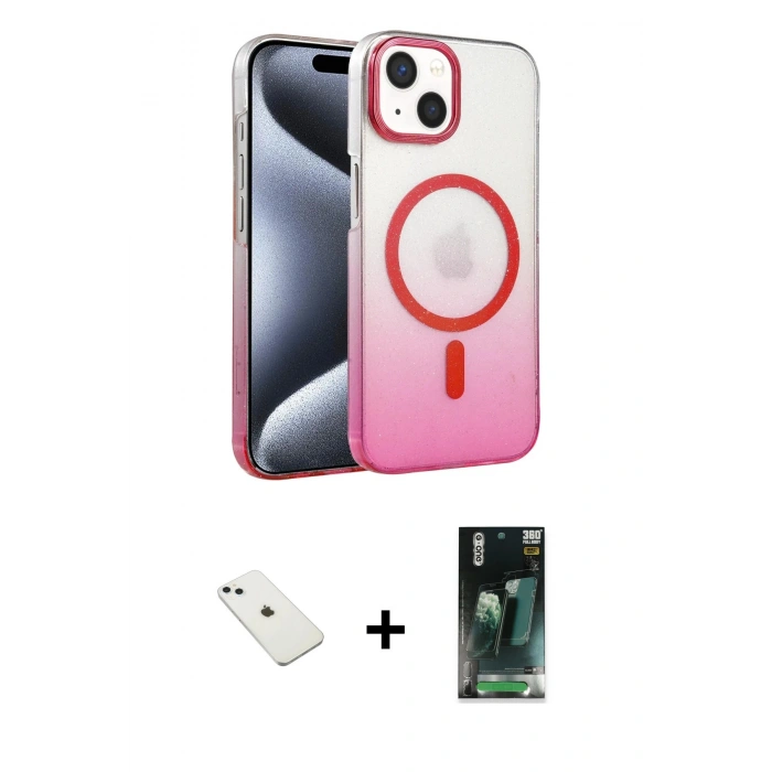 MARSİLYAN™- iPhone 14 Kılıf Ahenk Doku Özel Seri - Şeffaf 360 Full Body Arka Koruyucu + Diamond Kamera Lens - SABE