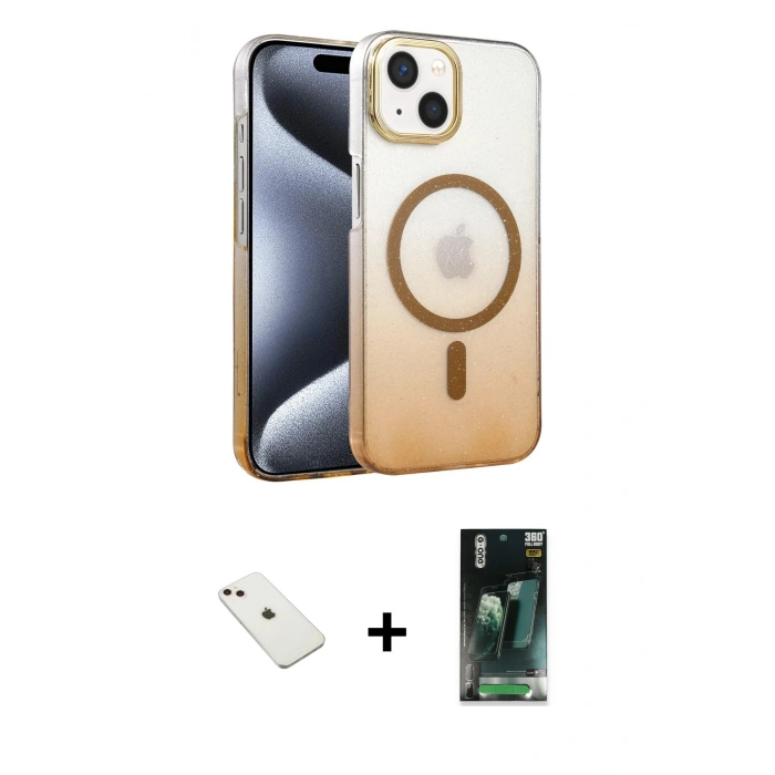 MARSİLYAN™- iPhone 14 Kılıf Ahenk Doku Özel Seri - Şeffaf 360 Full Body Arka Koruyucu + Diamond Kamera Lens - PE