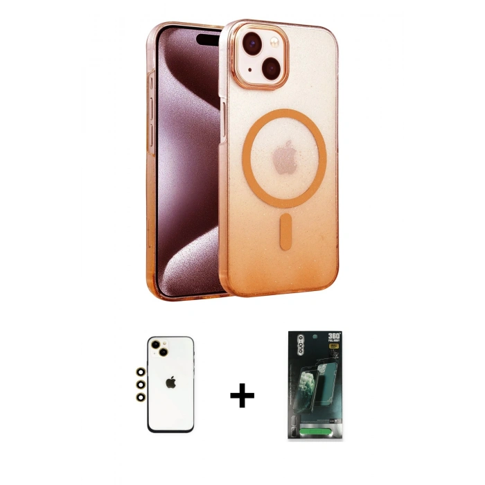 MARSİLYAN™- iPhone 14 Kılıf Ahenk Doku Özel Seri - Şeffaf 360 Full Body Arka Koruyucu + Shine Kamera Lens - GD
