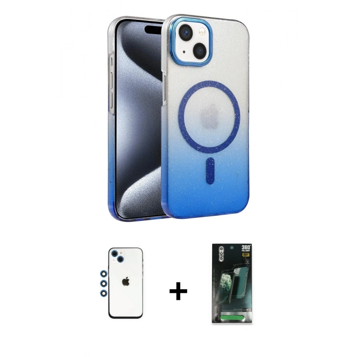 MARSİLYAN™- iPhone 14 Kılıf Ahenk Doku Özel Seri - Şeffaf 360 Full Body Arka Koruyucu + Shine Kamera Lens - MI