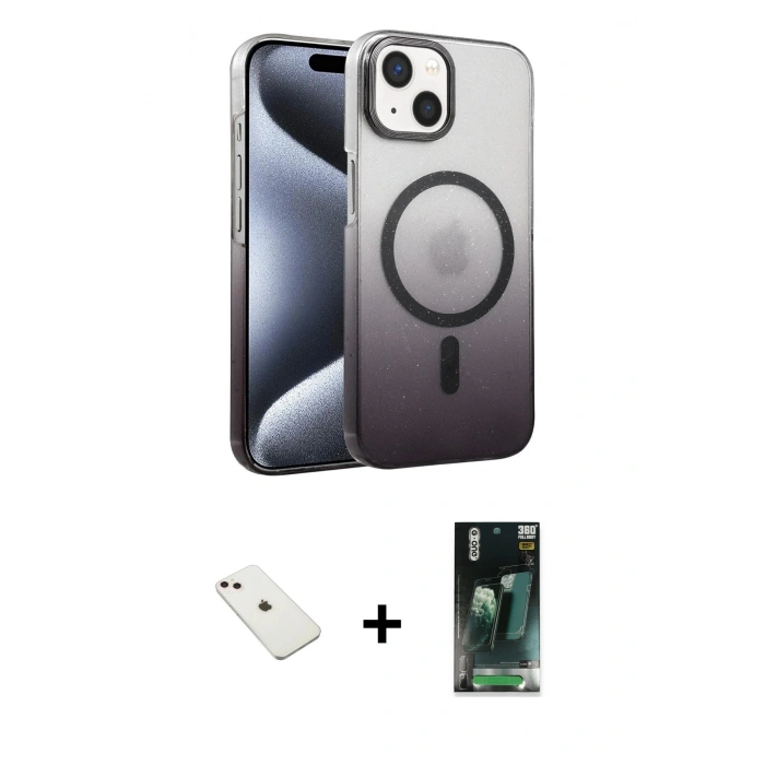 MARSİLYAN™- iPhone 14 Kılıf Ahenk Doku Özel Seri - Şeffaf 360 Full Body Arka Koruyucu + Pembe Diamond Kamera Lens