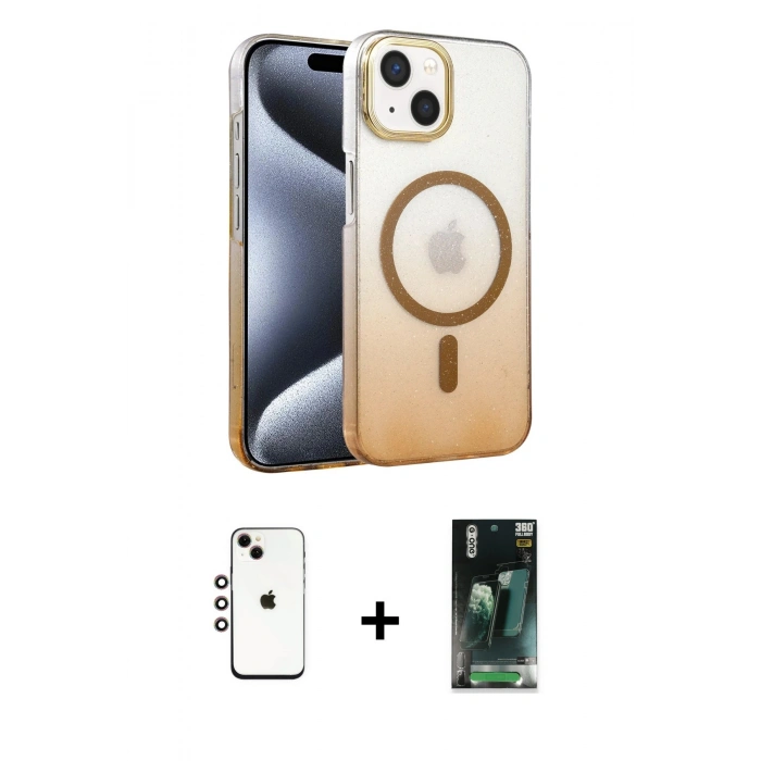 MARSİLYAN™- iPhone 14 Kılıf Ahenk Doku Özel Seri - Şeffaf 360 Full Body Arka Koruyucu + Shine Kamera Lens - GI