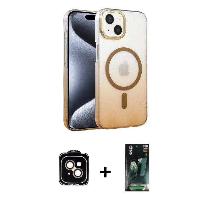 MARSİLYAN™- iPhone 14 Kılıf Ahenk Doku Özel Seri - Şeffaf 360 Full Body Arka Koruyucu + PVD Metal Kamera Lens - TU