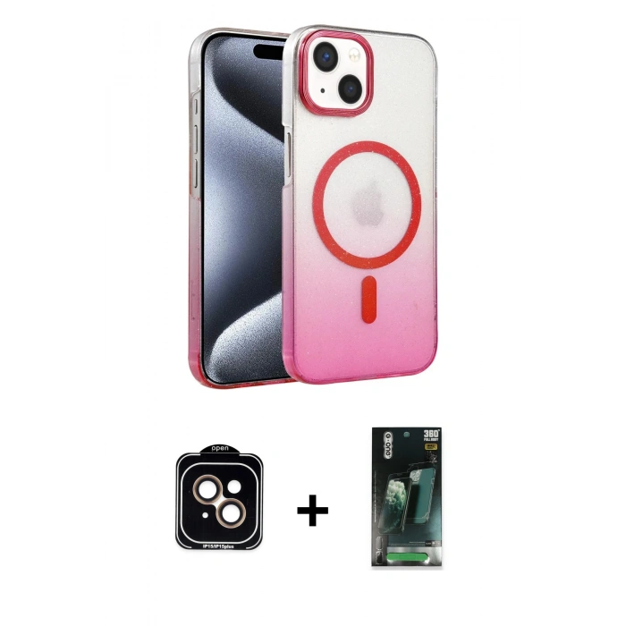 MARSİLYAN™- iPhone 14 Kılıf Ahenk Doku Özel Seri - Şeffaf 360 Full Body Arka Koruyucu + PVD Metal Kamera Lens - TU