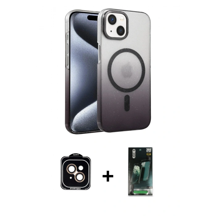 MARSİLYAN™- iPhone 14 Kılıf Ahenk Doku Özel Seri - Şeffaf 360 Full Body Arka Koruyucu + PVD Metal Kamera Lens - TU