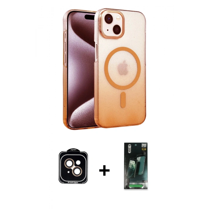 MARSİLYAN™- iPhone 14 Kılıf Ahenk Doku Özel Seri - Şeffaf 360 Full Body Arka Koruyucu + PVD Metal Kamera Lens - TU