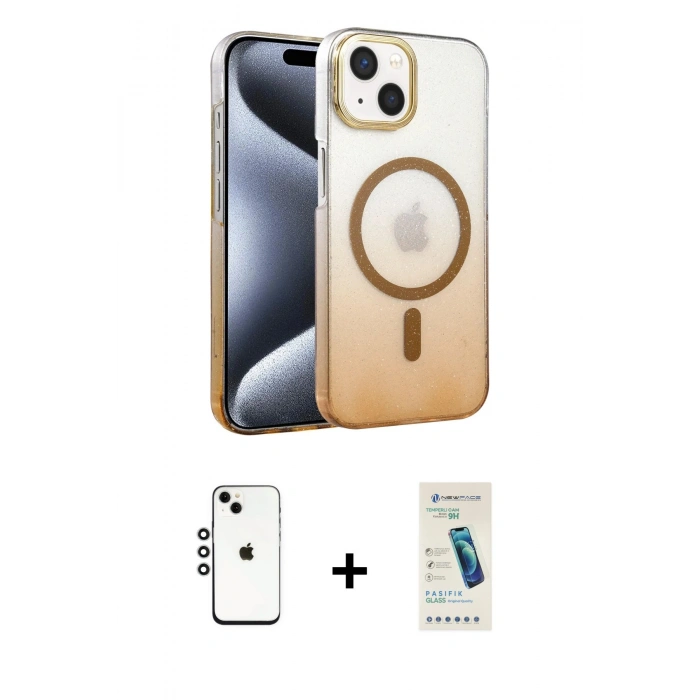 MARSİLYAN™- iPhone 14 Kılıf Ahenk Doku Özel Seri - Şeffaf Pasifik Cam Ekran Koruyucu + Shine Kamera Lens - GS