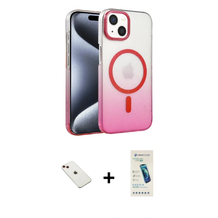 MARSİLYAN™- iPhone 14 Kılıf Ahenk Doku Özel Seri - Şeffaf Pasifik Cam Ekran Koruyucu + Kırmızı Diamond Kamera Lens