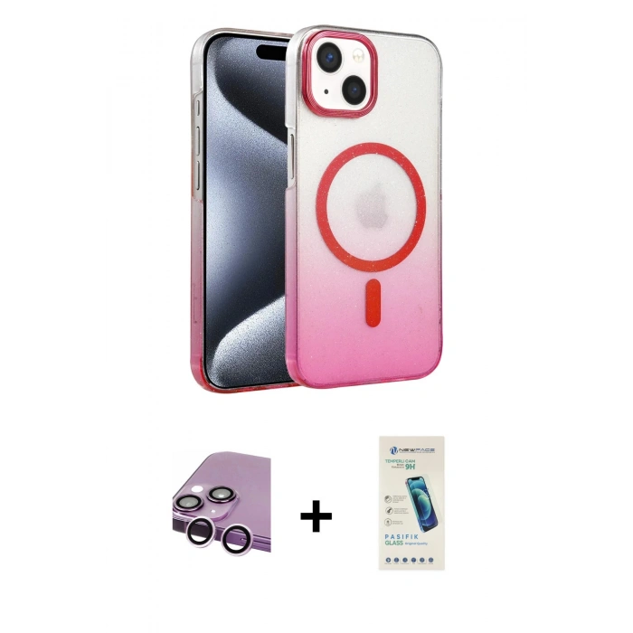 MARSİLYAN™- iPhone 14 Kılıf Ahenk Doku Özel Seri - Şeffaf Pasifik Cam Ekran Koruyucu + Raze Metal Kamera Lens - MR