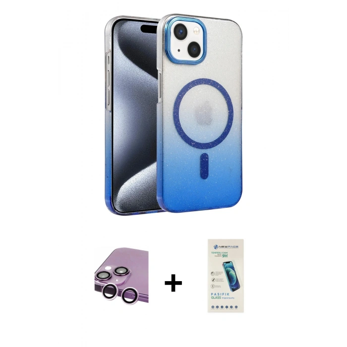 MARSİLYAN™- iPhone 14 Kılıf Ahenk Doku Özel Seri - Şeffaf Pasifik Cam Ekran Koruyucu + Raze Metal Kamera Lens - MR