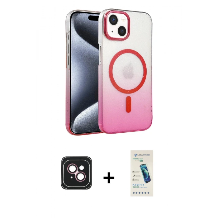 MARSİLYAN™- iPhone 14 Kılıf Ahenk Doku Özel Seri - Şeffaf Pasifik Cam Ekran Koruyucu + PVD Metal Kamera Lens - PE