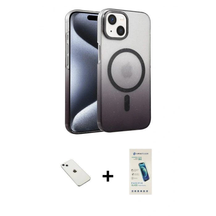 MARSİLYAN™- iPhone 14 Kılıf Ahenk Doku Özel Seri - Şeffaf Pasifik Cam Ekran Koruyucu + Diamond Kamera Lens - SABE