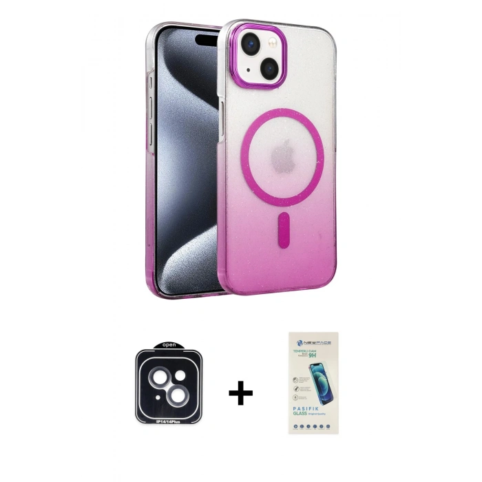 MARSİLYAN™- iPhone 14 Kılıf Ahenk Doku Özel Seri - Şeffaf Pasifik Cam Ekran Koruyucu + PVD Metal Kamera Lens - SH