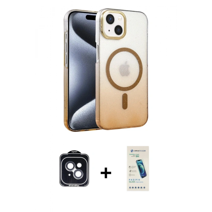 MARSİLYAN™- iPhone 14 Kılıf Ahenk Doku Özel Seri - Şeffaf Pasifik Cam Ekran Koruyucu + PVD Metal Kamera Lens - SH