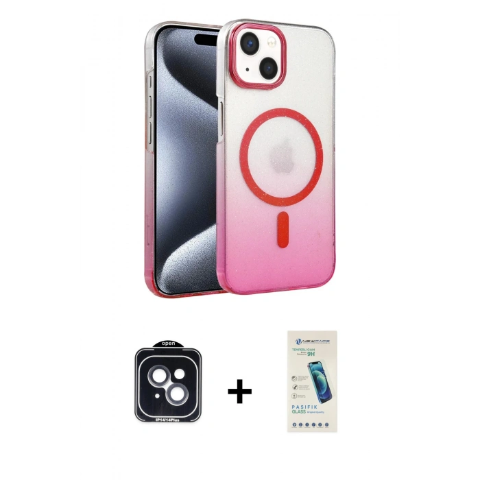 MARSİLYAN™- iPhone 14 Kılıf Ahenk Doku Özel Seri - Şeffaf Pasifik Cam Ekran Koruyucu + PVD Metal Kamera Lens - SH