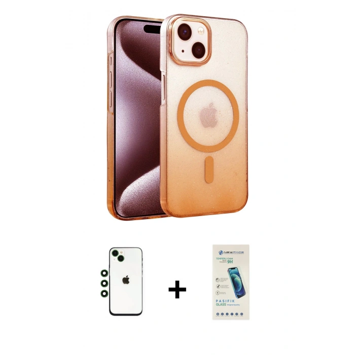 MARSİLYAN™- iPhone 14 Kılıf Ahenk Doku Özel Seri - Şeffaf Pasifik Cam Ekran Koruyucu + Shine Kamera Lens - YL