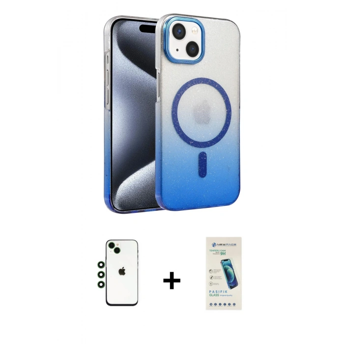 MARSİLYAN™- iPhone 14 Kılıf Ahenk Doku Özel Seri - Şeffaf Pasifik Cam Ekran Koruyucu + Shine Kamera Lens - YL