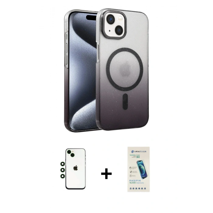 MARSİLYAN™- iPhone 14 Kılıf Ahenk Doku Özel Seri - Şeffaf Pasifik Cam Ekran Koruyucu + Shine Kamera Lens - YL