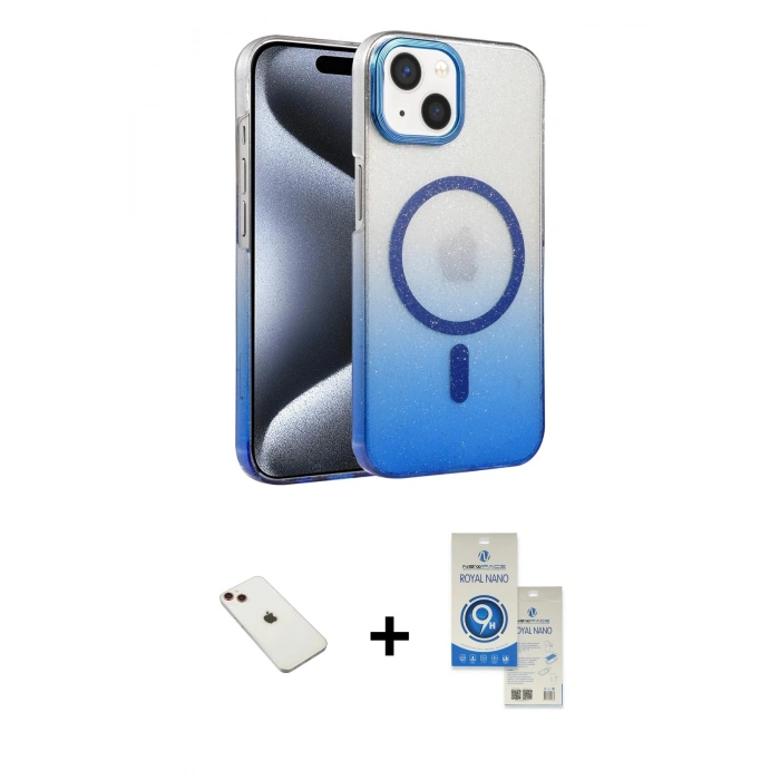 MARSİLYAN™- iPhone 14 Kılıf Ahenk Doku Özel Seri - Şeffaf Royal Nano Ekran Koruyucu + Diamond Kamera Lens - KI